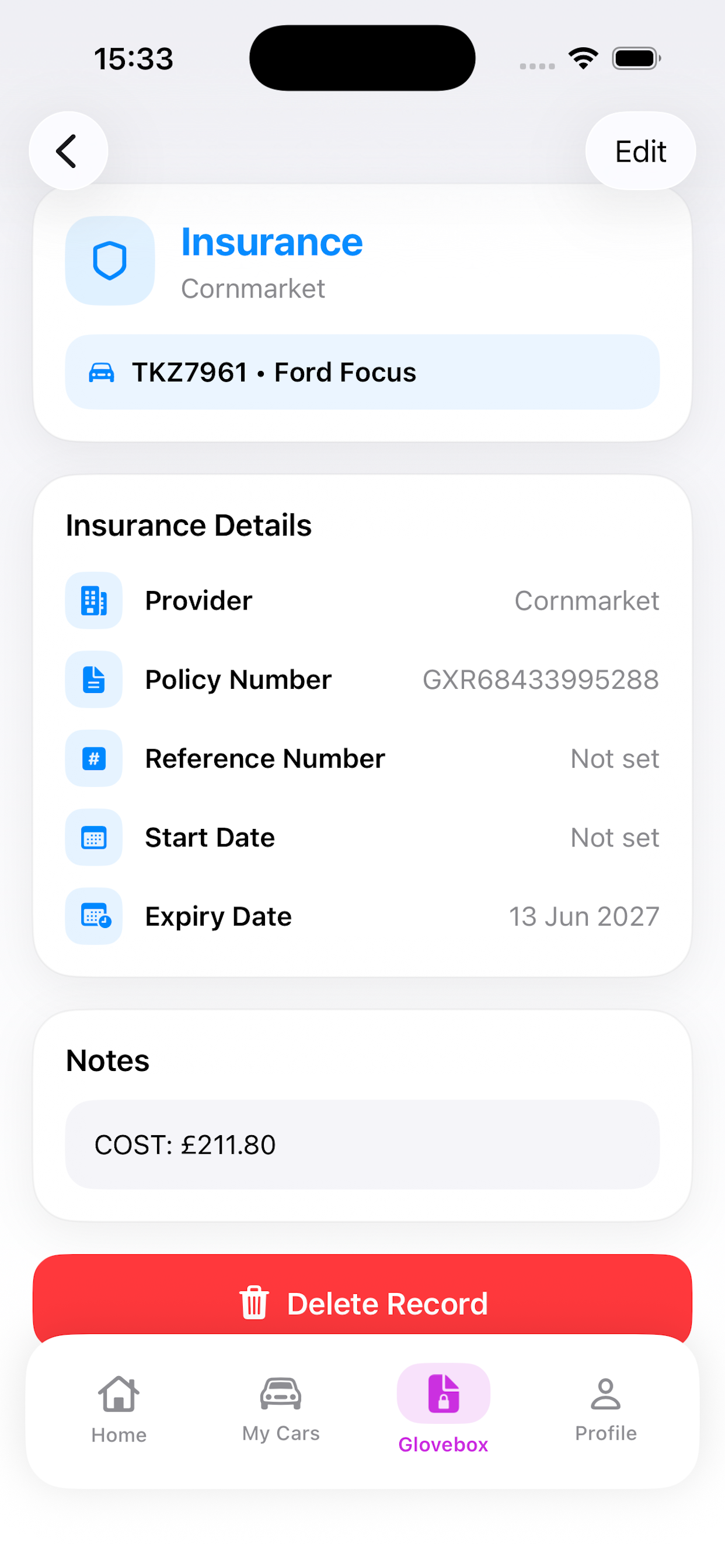 Insurance record screen