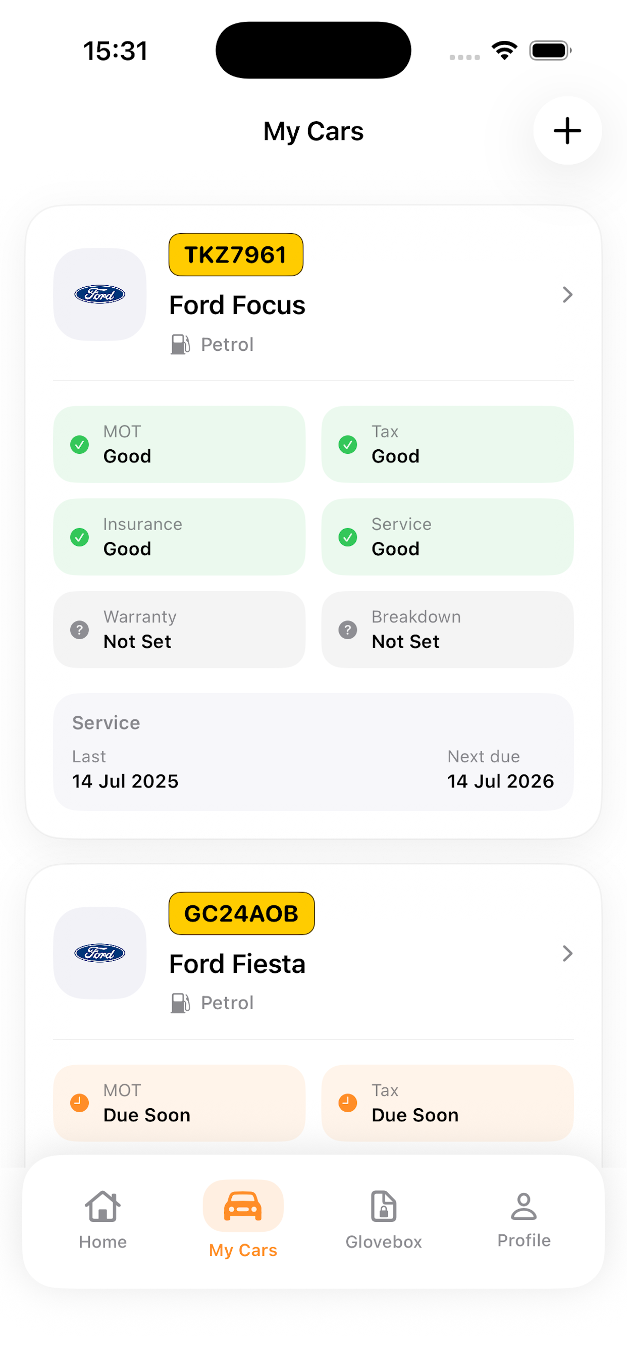 My Cars screen